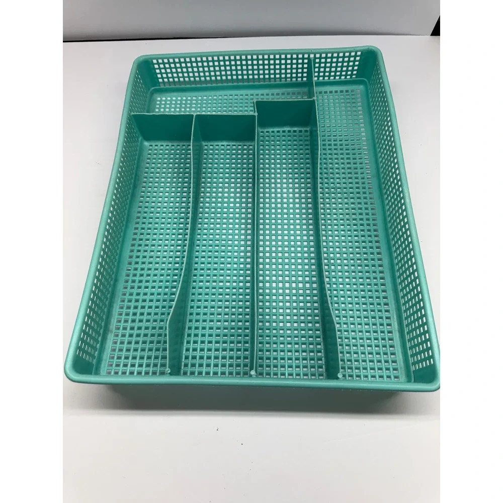 Vintage Teal  Plastic Mesh Drawer Organizer Cutlery Tray Turquoise Storage
